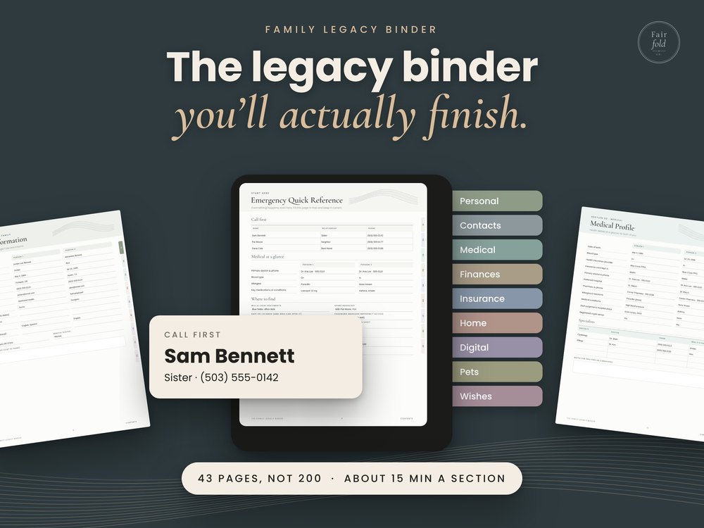 The Family Legacy Binder on a tablet with color-coded section tabs
