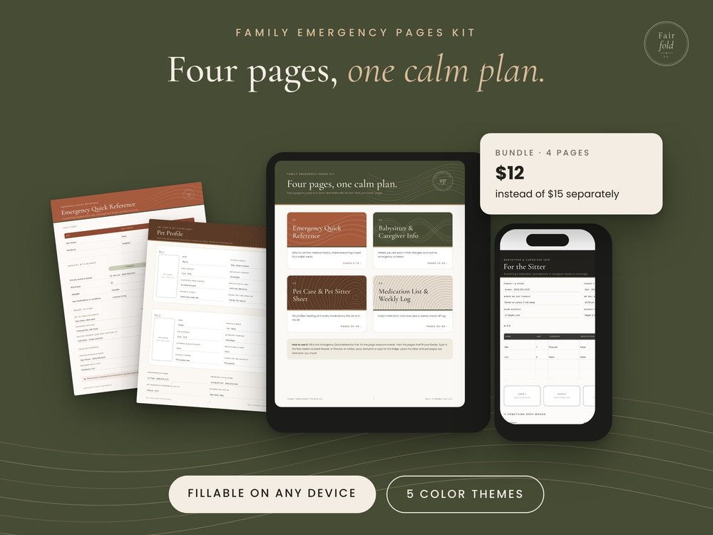 Family Emergency Pages Kit: four fillable pages on a tablet, phone and paper