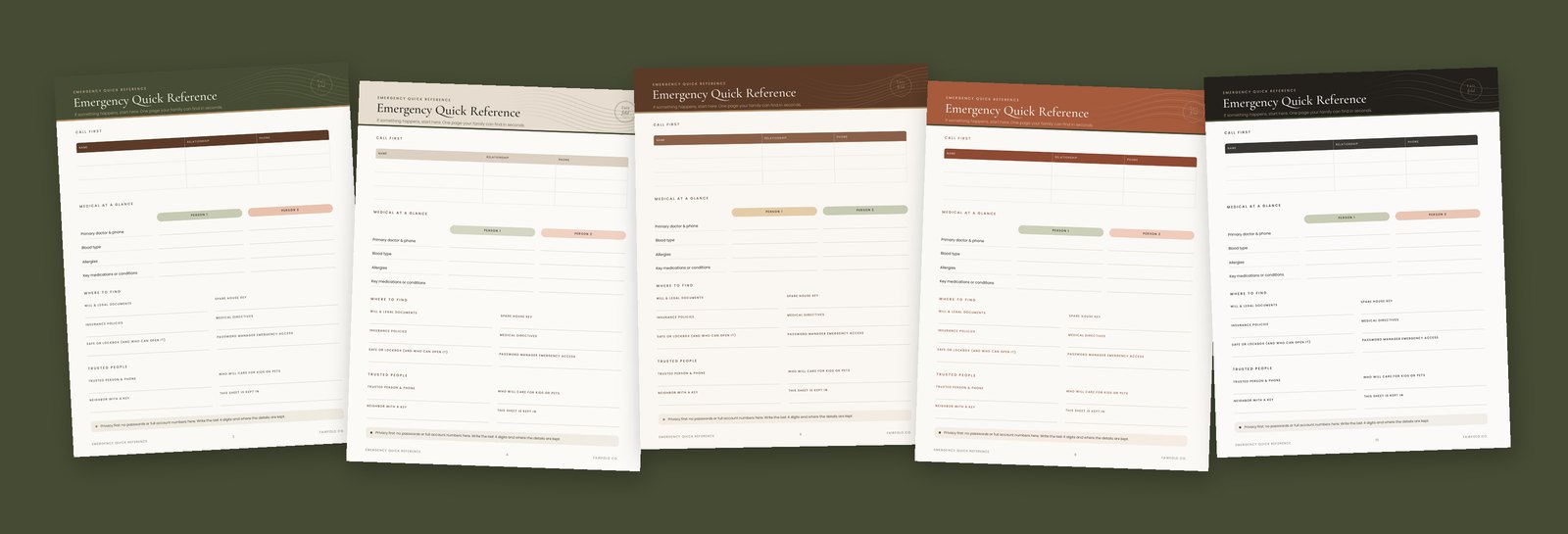 The same Emergency Quick Reference page in five color themes: Olive, Linen, Walnut, Clay and Ink